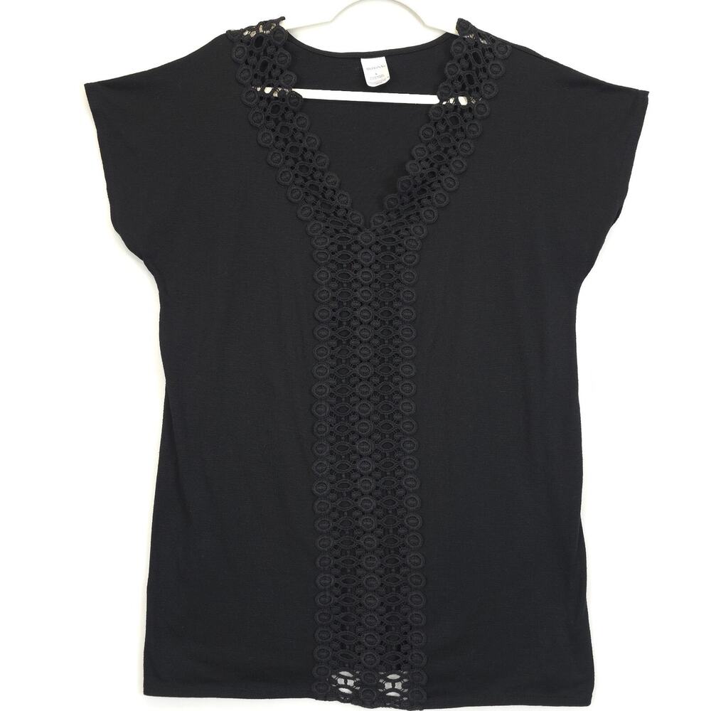 Merona Tunic Top Women S Black Lace Loose Short Sleeve V Neck Pullover‎ Beachy
